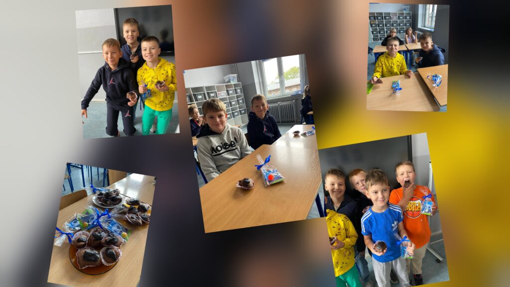 Kolaż zdjęć przedstawiający uczniów klasy 4a podczas obchodów Dnia Chłopaka; dzieci siedzą i stoją w klasie, trzymając czekoladowe muffinki i upominki, a na jednym ze zdjęć widoczny jest stół z przygotowanymi słodkościami