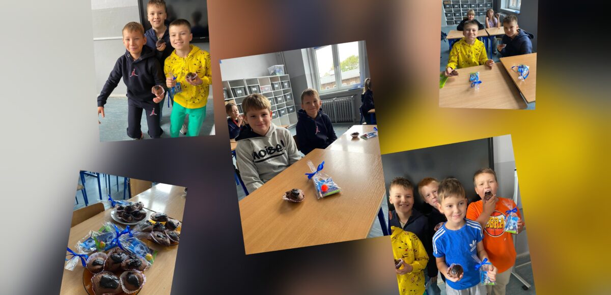 Kolaż zdjęć przedstawiający uczniów klasy 4a podczas obchodów Dnia Chłopaka; dzieci siedzą i stoją w klasie, trzymając czekoladowe muffinki i upominki, a na jednym ze zdjęć widoczny jest stół z przygotowanymi słodkościami