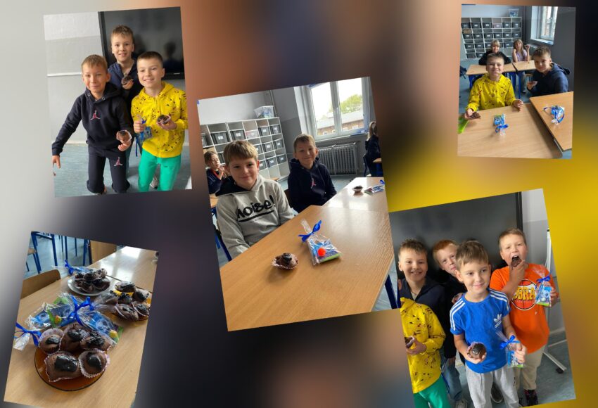 Kolaż zdjęć przedstawiający uczniów klasy 4a podczas obchodów Dnia Chłopaka; dzieci siedzą i stoją w klasie, trzymając czekoladowe muffinki i upominki, a na jednym ze zdjęć widoczny jest stół z przygotowanymi słodkościami