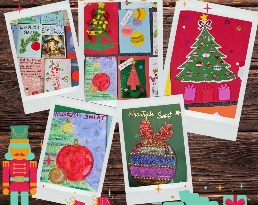 Kolaż prac plastycznych przedstawiających kartki bożonarodzeniowe wykonane przez uczniów – choinki, bombki, świąteczne motywy i dekoracje w różnych technikach plastycznych.