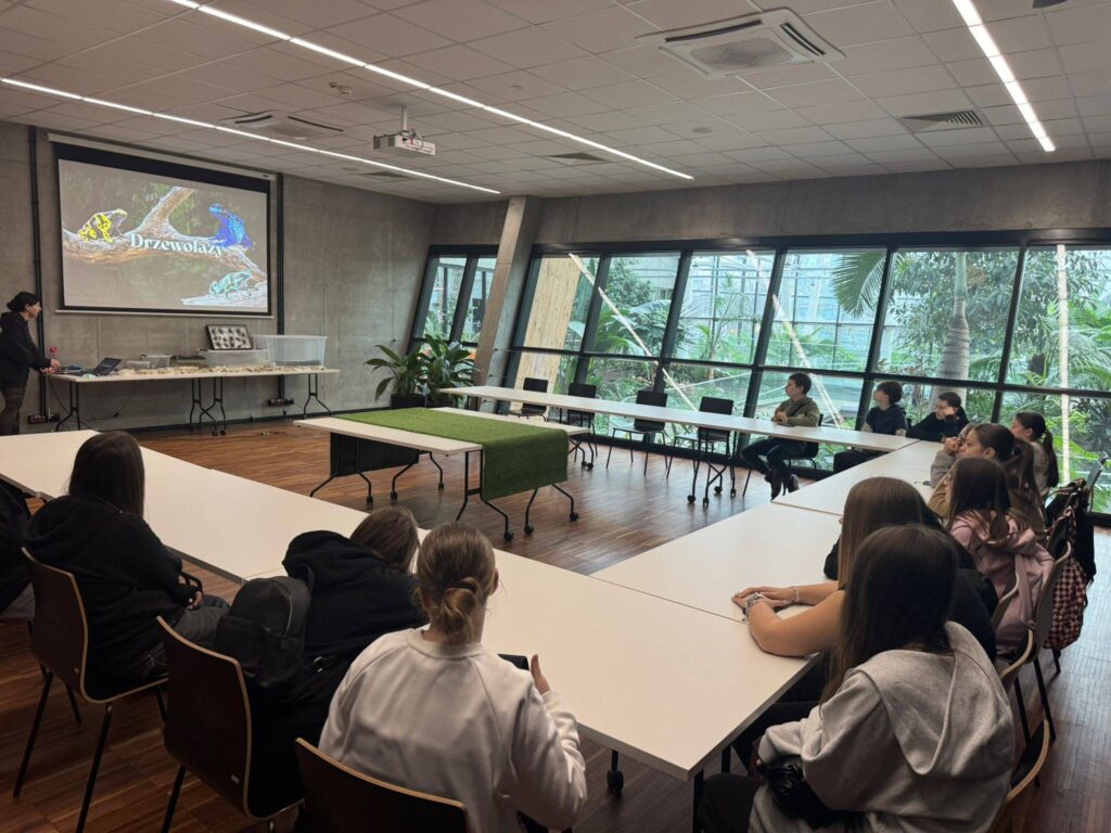 Uczniowie klasy VI podczas warsztatów w Egzotarium – młodzież siedzi przy stołach i uczestniczy w prezentacji dotyczącej zwierząt terrarystycznych.