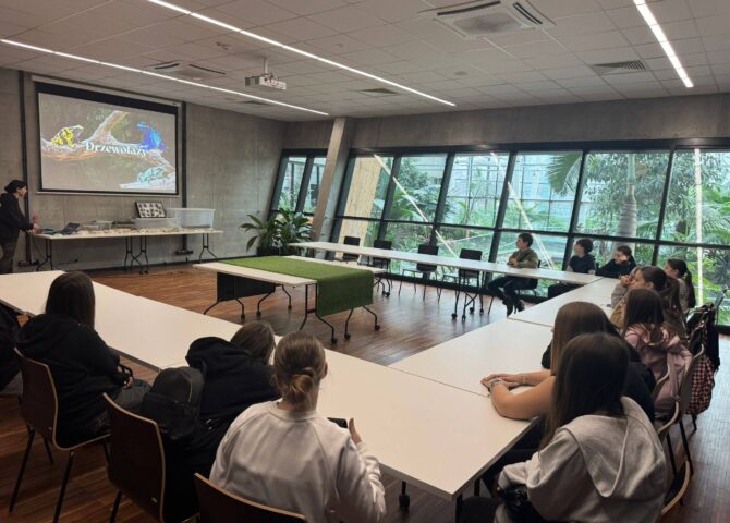 Uczniowie klasy VI podczas warsztatów w Egzotarium – młodzież siedzi przy stołach i uczestniczy w prezentacji dotyczącej zwierząt terrarystycznych.