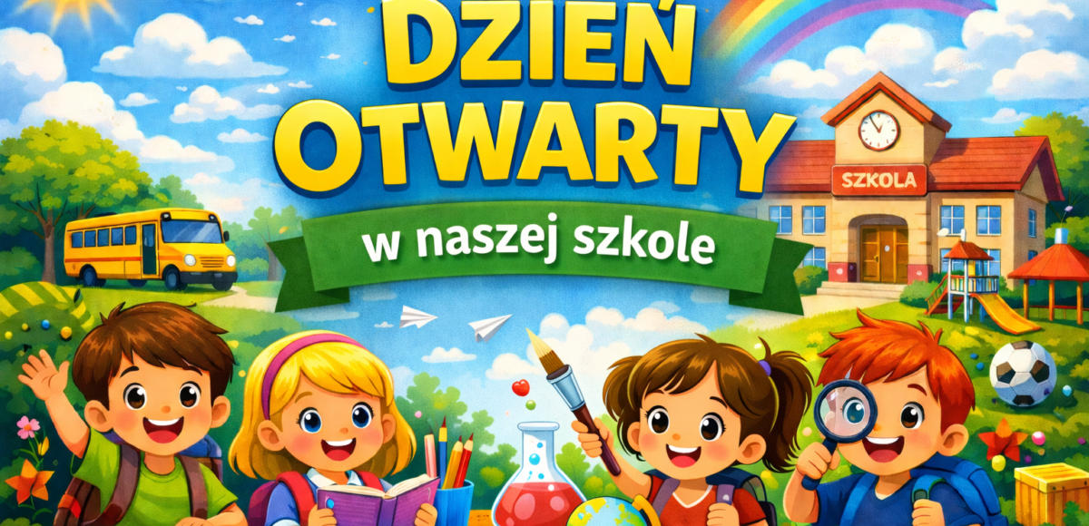 „Grafika promująca Dzień Otwarty w szkole podstawowej – ilustracja dzieci podczas nauki oraz napis: Zapraszamy na Dzień Otwarty w naszej szkole.”