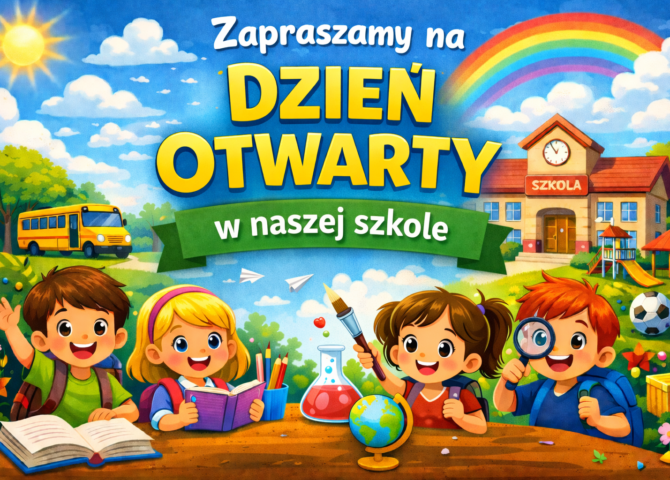„Grafika promująca Dzień Otwarty w szkole podstawowej – ilustracja dzieci podczas nauki oraz napis: Zapraszamy na Dzień Otwarty w naszej szkole.”