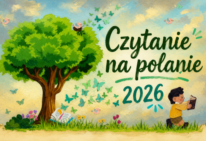 Ilustracja promująca akcję „Czytanie na polanie 2026” przedstawiająca duże zielone drzewo, motyle oraz dziecko czytające książkę na trawie. Na grafice widnieje napis „Czytanie na polanie 2026” w ozdobnym stylu.