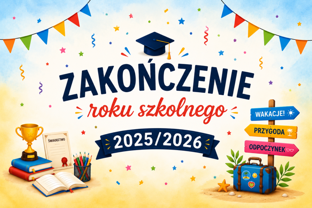 Grafika informująca o uroczystym zakończeniu roku szkolnego 2025/2026 w Szkole Podstawowej nr 6 im. Marii Konopnickiej w Będzinie.