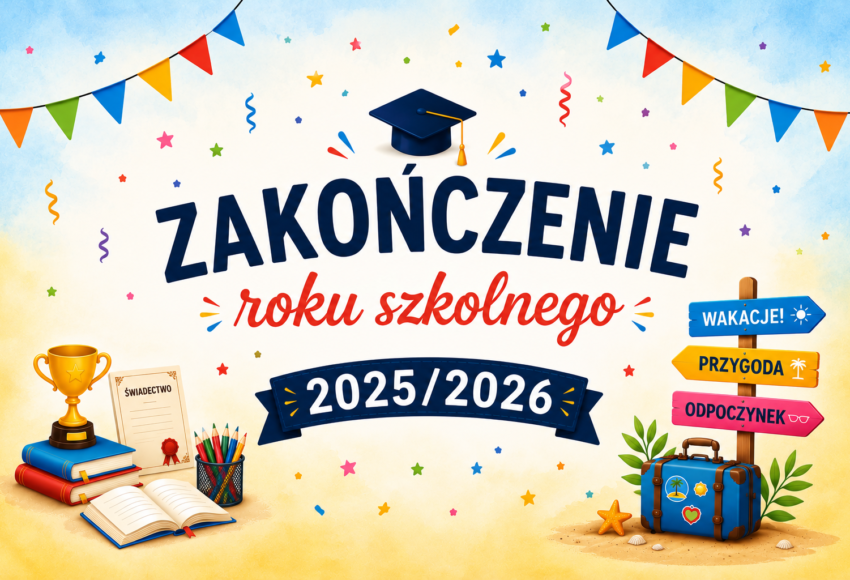 Grafika informująca o uroczystym zakończeniu roku szkolnego 2025/2026 w Szkole Podstawowej nr 6 im. Marii Konopnickiej w Będzinie.