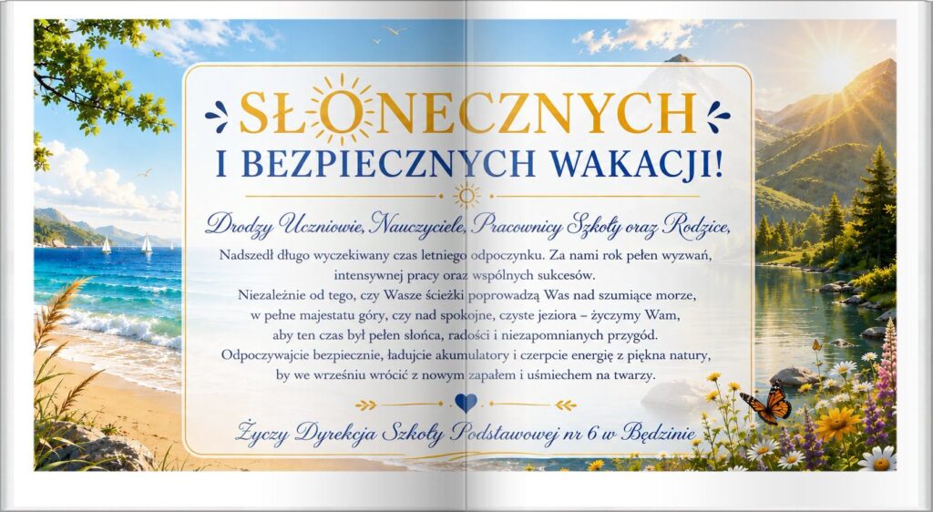 Grafika z wakacyjnymi życzeniami Dyrekcji Szkoły Podstawowej nr 6 w Będzinie na tle letniego krajobrazu.