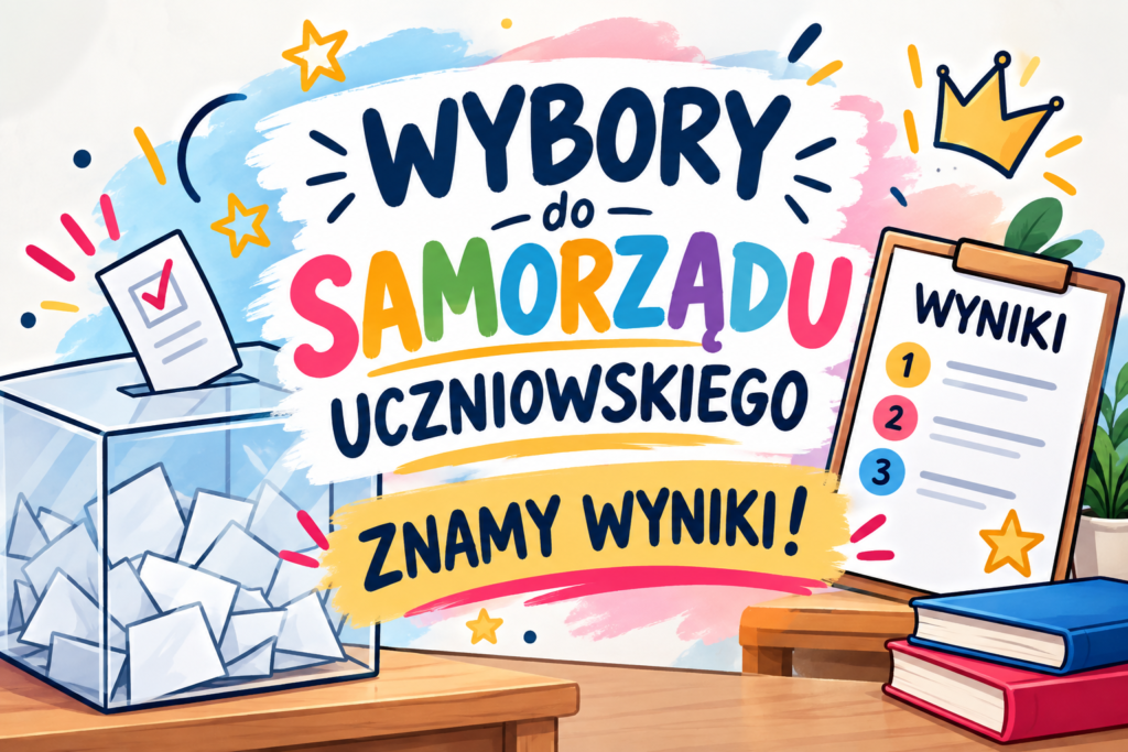 Grafika informująca o wyborach do Samorządu Uczniowskiego i ogłoszeniu wyników głosowania.