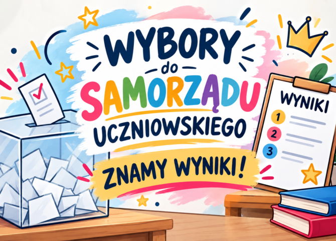 Grafika informująca o wyborach do Samorządu Uczniowskiego i ogłoszeniu wyników głosowania.