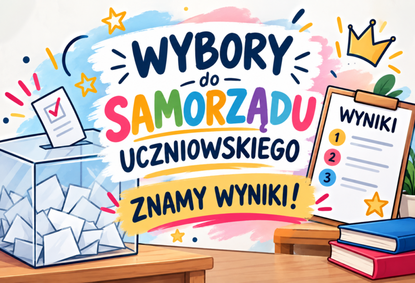 Grafika informująca o wyborach do Samorządu Uczniowskiego i ogłoszeniu wyników głosowania.
