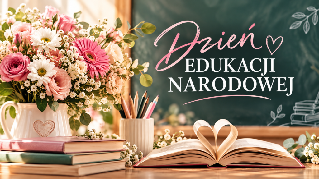 Grafika z napisem „Dzień Edukacji Narodowej”, bukietem kwiatów, książkami i przyborami szkolnymi.