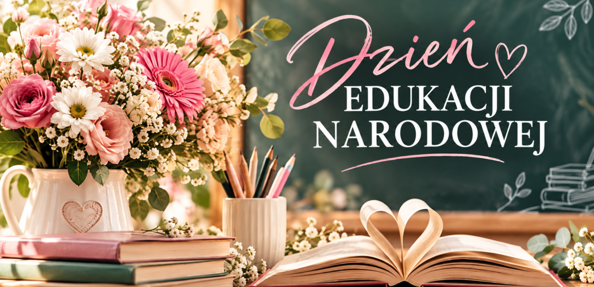 Grafika z napisem „Dzień Edukacji Narodowej”, bukietem kwiatów, książkami i przyborami szkolnymi.