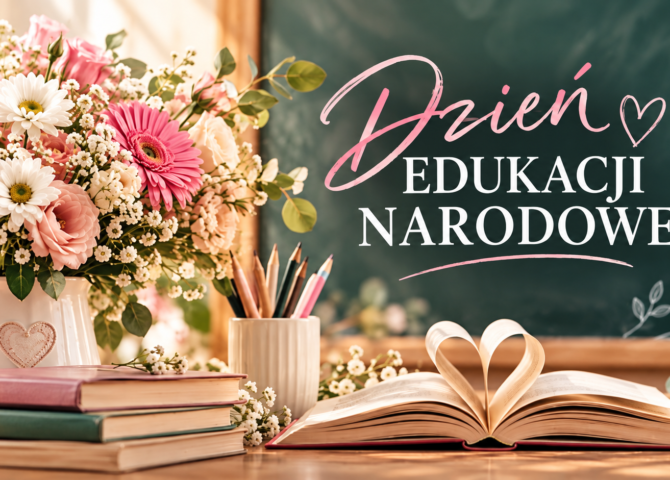 Grafika z napisem „Dzień Edukacji Narodowej”, bukietem kwiatów, książkami i przyborami szkolnymi.
