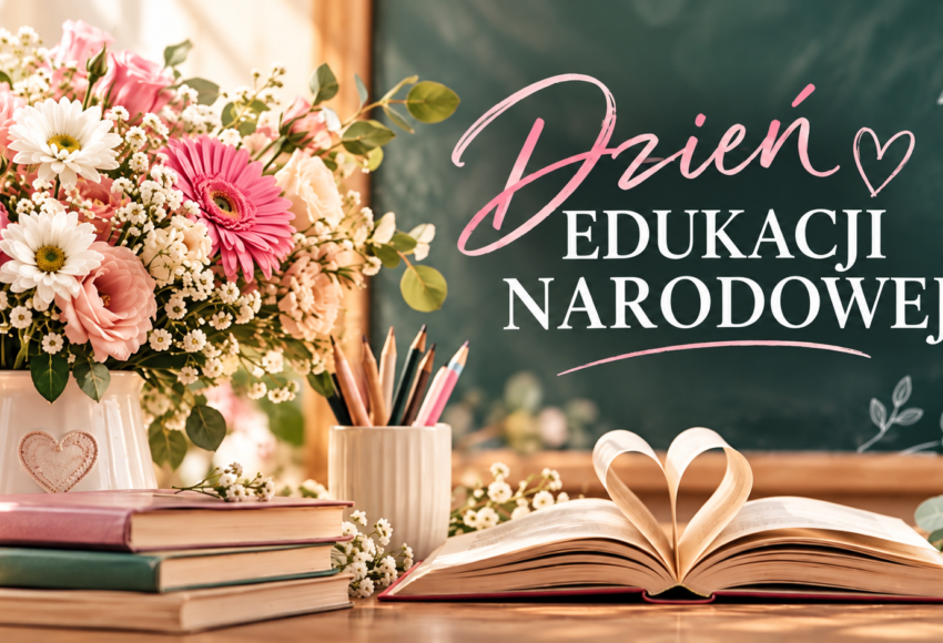 Grafika z napisem „Dzień Edukacji Narodowej”, bukietem kwiatów, książkami i przyborami szkolnymi.