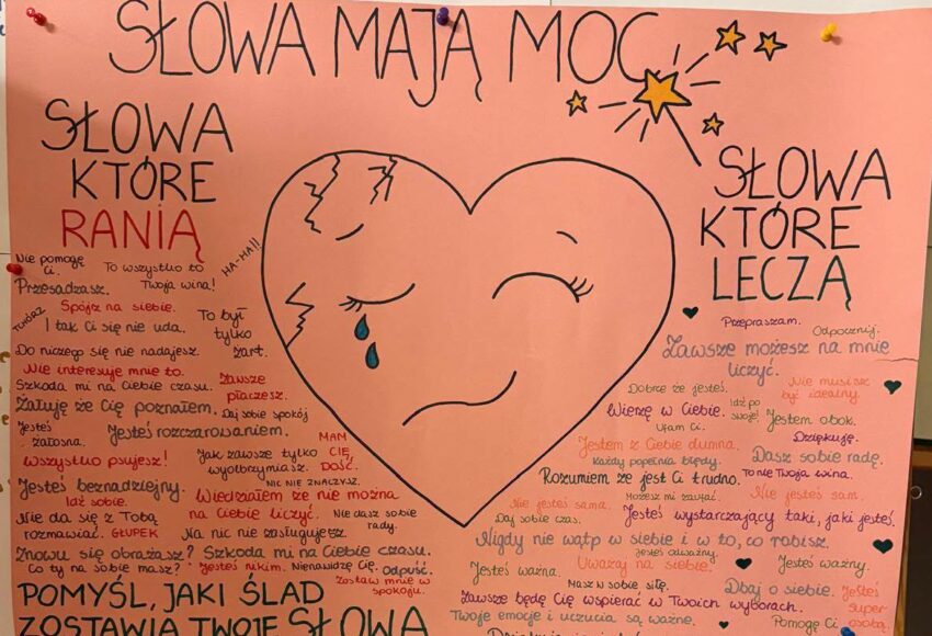 Plakat uczniowski »Słowa mają moc« przygotowany w ramach Tygodnia Przeciwdziałania Przemocy Rówieśniczej w Szkole Podstawowej nr 6 w Będzinie. Praca przedstawia serce otoczone przykładami słów, które ranią, oraz słów, które leczą